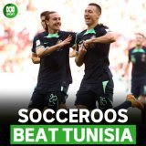 SOCCEROOS WIN.  THE FIRST VICTORY AT A WORLD CUP IN 12 YEARS.  1-0 OVER TUNISIA.  Live blog:    #TUNAUS