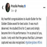 Priscilla Presley congratulations Austin Butler on his #GoldenGlobes win.