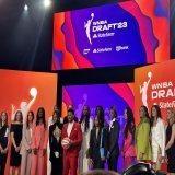 2023 WNBA Draft invitees getting a photo op with Jake from State Farm. #WNBATwitter