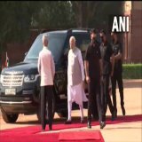 Delhi | Prime Minister Narendra Modi arrives at the Rashtrapati Bhavan.   The ceremonial reception of Bangladesh PM Sheikh Hasina will take place here shortly.