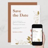 Day 4 of the #MHHSBD #AlphabetChallenge and D is for Date! Gold Leaf Terracotta Wedding Save The Date invitation, minimal and modern design. Grab a fantastic Deal with 50% off! Use code PERFECT4YOU3     #SaveTheDate #weddinginvitation #wedding #zazzl