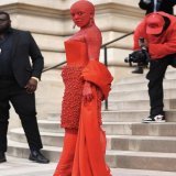 doja cat arrived to the schiaparelli show in paris wearing 30k swarovski red crystals