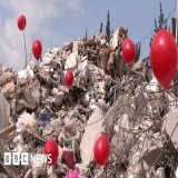 Red balloons placed on rubble to honour child victims of Turkey earthquakes