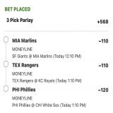 PUBLIC PLAYS 4/19    Rangers ML (-110)   Marlins ML (-110)   Phillies ML (-120)  Please drop a like if you&rsquo;re tailing!   #GamblingTwitter #FreePlays #MLB