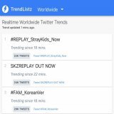 Worldwide Twitter Trends  #1. #REPLAY_StrayKids_Now #2. SKZREPLAY OUT NOW #3. #FAM_KoreanVer  Tweet:    #SKZREPLAY #StrayKids @Stray_Kids