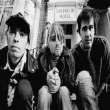 Nirvana outside the Dalmacia Hotel in Shepherd's Bush, London, 1990. Photo by Martyn Goodacre.