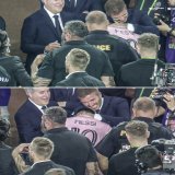 David Beckham and Messi after his winner for Inter Miami