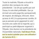 Les d&eacute;put&eacute;.e.s seront sans doute ravi.e.s d'apprendre que, lors du petit-d&eacute;jeuner organis&eacute; ce matin &agrave; l'Elys&eacute;e, la pr&eacute;sidente de l'Assembl&eacute;e nationale, Ya&euml;l Braun-Pivet,&eacute;tait la seul