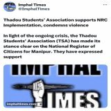 Even the Thadou Student Association are pushing for #NRCforManipur along with all right thinking citizens. Many of the Thadous, #Kuki_Zo who were settled by the King Of Manipur before the illegal immigration wave after 1950s &lsquo;AGREE&rsquo;, real