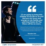 'WELL, IT'S BEEN A HELL OF A JOURNEY.'  Brendon Urie has announced that Panic! At The Disco will wrap up after nearly two decades as he confirms that he and his wife, Sarah, are expecting their first child.