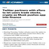 BREAKING#Twitter to let users trade stocks and cryptocurrencies starting today in partnership with eToro - CNBC   #cnbc #ElonMusk #PiNetwork #Bitcoin #BNB #Crypto #CryptoTwitter @Bronafide @elonmusk
