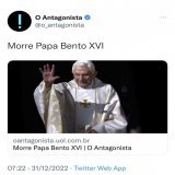 Meu Deus! A profecia acaba de se cumprir. Padre Oliveira teve uma vis&atilde;o que o Papa Bento XVI morreria antes da virada do ano e que  o Brasil seria socorrido pela Virgem Maria, ela limparia a bandeira tirando todo sangue e tinta vermelha dela (