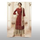 Shop this Drashti Dhami Party Wear Rust Color Embroidered Viscose Fabric Readymade Sharara Suit here at 15% Off :   #DrashtiDhami #celebritystylesuit #celebritystylesalwarsuit #celebstyle #salwarsuit #shararasuit #sharara #ethnicewear #traditionaldre
