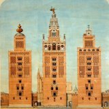 Different phases of the Giralda of Sevilla, Andaluc&iacute;a: on the left the original minaret (12th century), on the right its appearance after the earthquake (14th century) and in the center the current state with the top of the bell tower (16th ce