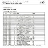 世界フィギュア - Day1  3/22(水)  \u25cfペアSP　11:00-14:44  22-14:31 三浦/木原 23-14:37 クニエリム/フレイジャー  \u25cf女子SP　15:50-20:49  25-19:31 渡辺倫果 31-20:17 三原舞依 34-20:36 坂本花織 35-20:42 ルナヘン  リザルト   滑走時間詳細&darr;