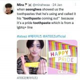 Seonghwa from Ateez, and his iconic pride toothpaste, that isn't exactly cheap even before imports. Portion of profits also went to LGBTQ+ charities iirc.  He also made coming out jokes about it as well, because off course he did