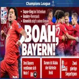 Sports headlines in Germany this morning after Tottenham Hotspur 2-7 Bayern Munich   BILD: "Woah, Bayern!"  SZ: "Oktoberfest in North London"  FAZ: "Bayern's moment of glory"  Spiegel: "Gnabry's greatest game"  #TOTFCB #UCL