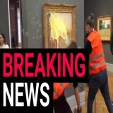 BREAKING: Eco activists have thrown mashed potatoes at Claude Monet&rsquo;s &lsquo;Les Meules&rsquo; painting before gluing themselves to the floor.