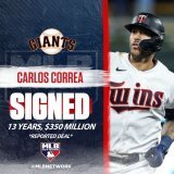 Carlos Correa MEGA DEAL   The star SS has reportedly agreed to a 13-year, $350 million deal with the San Francisco Giants.