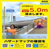 【みとちゃんと実感！ハザードマップ】  浸水したときの景色を イメージすることで 水害への備えを進めてもらいたい。  水戸市とNHK水戸がコラボして ハザードマップにもとづいて 「実感！ハザードマップ」を 作成しました。  水深1mのポスターがこちら （最大の浸水想定の5分の1の深さです）