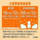 大雪警報の基準　東京と新潟では6倍もの差    東京23区では「12時間で10cmの降雪」 新潟県津南町では「12時間で60cmの降雪」 が基準値と、6倍もの差があります。 #雪国マウント #東京の雪 #雪のせい #雪の影響 #帰宅命令 #帰宅指示