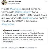 Now it&rsquo;s official! Nicol&ograve; #Zaniolo to #Galatasaray from #ASRoma. Contract until 2027. No surprise here and confirmed since the last February 3! #transfers