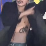 san is shirtless with &ldquo;crazy&rdquo; tattoo on his left side
