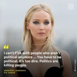 In a new interview with Vogue, Jennifer Lawrence said she has no time for politically unengaged people and is still working on her relationship with her Republican-voting family in Kentucky  Read more: