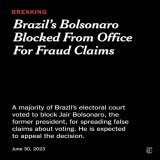 Breaking News: Former President Jair Bolsonaro was blocked from public office in Brazil until 2030 after a vote by the country's electoral court, removing a top presidential contender and dealing a blow to the country&rsquo;s far-right movement.