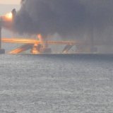 The road span of the Crimean Bridge is sitting in the Kerch Strait