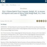 First Citizens Bank agrees to buy Silicon Valley Bank for $500 Million dollars, per the FDIC