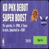Draftkings: Durant 15+ Points, 1+ 3, &amp; Suns WIN Boosted to: +100 EV:  8%  I have this DK KD boost at around 8% +EV. It's a messy devig but bet365 and FD agree. bet365 uses o15.5, too.  I'm in for $10 and would go up to 2.5u