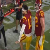 USC QB Caleb Williams doing the Heisman pose after running in a TD against Notre Dame: