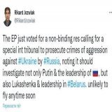 Европарламент одобрил резолюцию, призывающую создать международный трибунал по расследованию преступлений Путина и Лукашенко.