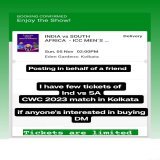 I have few tickets of Ind vs SA CWC 2023 match , if anyone is interested in buying please dm me here or on Instagram @_saurav_sangral #cwc2023 #INDvsPAK #IndvsSA #CWC23 #cwc2023tickets
