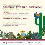 Participa en el recorrido guiado “Conteo de aves en tu comunidad” y conoce la biodiversidad que te rodea. La cita es en la Palapa del Parque Nacional del Tepeyac, el 14 de febrero, de 7:30 a 11 h. Informes y registro: 55 7845 2374. Te invitamos a seg