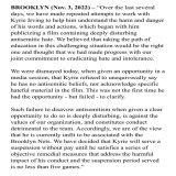 Nets statement on Kyrie Irving: &ldquo;We are of the view that he is currently unfit to be associated with the Brooklyn Nets. We have decided that Kyrie will serve a suspension without pay until he satisfies a series of objective remedial measures&he