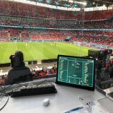 No issue with social distancing here at Wembley - a whole glass screened table  in the media area - but I&rsquo;m Billy no mates! #englandvsczech #ENGCZE