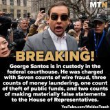 George Santos has been arrested! He is currently in custody. Rep. Santos has been charged with seven counts of wire fraud, three counts of money laundering, one count of theft of public funds, and two counts of making materially false statements to t