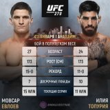 \ud83d\udc4a\ud83c\udffb 15-0  \ud83c\udd9a 11-0! Мовсар Евлоев (#13 в рейтинге I #UFC 5-0) и Илия Топурия (#15 в рейтинге I UFC 3-0) проведут поединок на #UFC270, который состоится 23 января в Анахайме. Как считаете, кто одержит победу и останется н