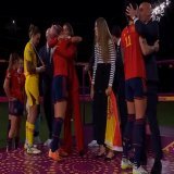 Moment president of Spanish FA kisses player on the MOUTH during trophy presentation after Spain&rsquo;s 1-0 win against England in World Cup final #Cup #dailymail