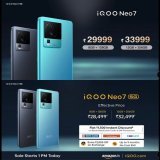 iQOO Neo 7 5G launched in India.  6.78" FHD+ OLED display 120Hz refresh rate, 1300 nits peak Dimensity 8200 LPDDR5, UFS 3.1 Android 13 64MP GW3 OIS+2MP+2MP 16MP front 5000mAh battery 120 watt charging WiFi 6 BT5.3 8.58mm thick 193 gram X-axis haptic 