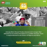 Just 45 days remaining to witness the most iconic moment in recent History. A man who championed a merger to defeat an incumbent president, turned a ruling party whose only interest is corruption into an opposition. Ladies and gentlemen.... Tinubu is