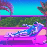 an astronaut lounging in a tropical resort in space, vaporwave