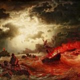 Marcus Larson (1825&ndash;1864), "Ocean at Night with Burning Ship" (detail), oil on canvas, Private collection.  Larson was one of Sweden's foremost 19th-century landscape painters. His paintings were known for being dramatic and primarily depicted 