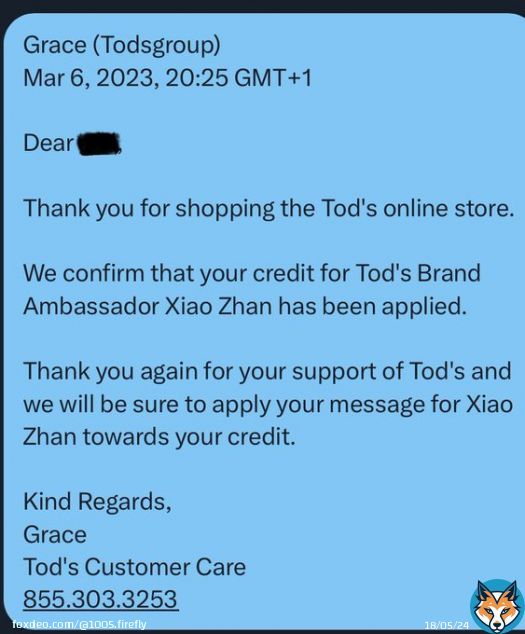 Xiao Zhan’s brands are so responsive. Love Tods. #XiaoZhan #XiaoZhanxTods