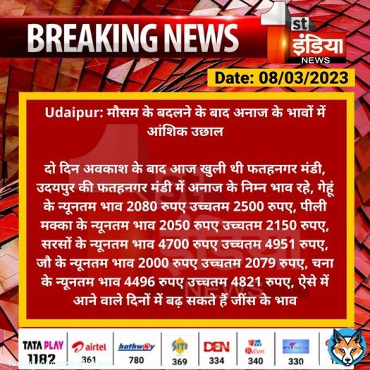 #Udaipur: मौसम के बदलने के बाद अनाज के भावों में आंशिक उछाल  दो दिन अवकाश के बाद आज खुली थी फतहनगर मंडी, उदयपुर की फतहनगर मंडी में अनाज के निम्न भाव रहे, गेहूं के न्यूनतम भाव 2080 रुपए उच्चतम 2500 रुपए, पीली मक्का के न्यूनतम भाव 2050 रुपए उच्चतम...  #RajasthanWithFirstIndia