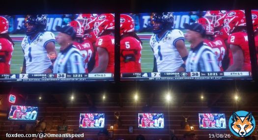 Can you believe it? All of these TVs and TCU is losing on EVERY, damn one of them.   What are the odds?  #TCUvsUGA #CFBChampionship
