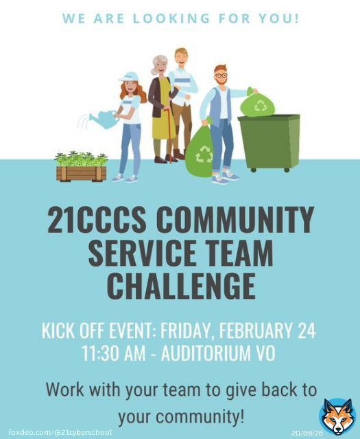 Hey #21CCCS students!  Ready to work with your team to perform acts of service in your community!   Visit Moodle for details! #21CyberStrong