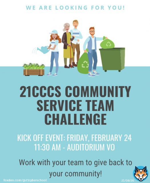 Hey #21CCCS students! Ready to work with your team to perform acts of service in your community! Visit Moodle for details! #21CyberStrong